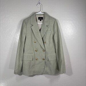 J.CREW Bristol Blazer Jacket Double Breasted Green Linen Gold Buttons 12